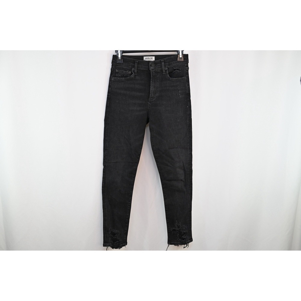 AGOLDE Womens Black Skinny Distressed Raw Hem Jeans Size 27 Dark Wash Slim Fit